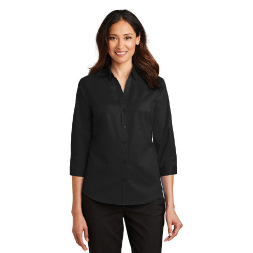 Port Authority Ladies Three Quarter Sleeve SuperPro Twill Shirt Sleeve Custom Embroidered L665 Black