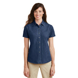 Port Company Ladies Short Sleeve Value Denim Shirt Custom Embroidered LSP11 Blue Ink