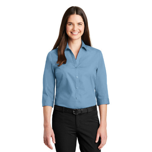 Port Authority Ladies Three Quarter Sleeve Carefree Poplin Shirt Custom Embroidered LW102 Carolina Blue