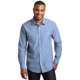 Port Authority Slub Chambray Button Up Long Sleeve Custom Embroidered W380 Light Blue